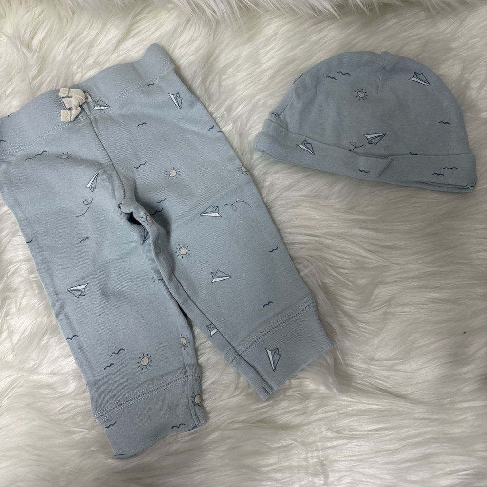 Carter’s Baby Boy Pants & Hat Set In Baby Blue Color In Size 6M 100% Cotton